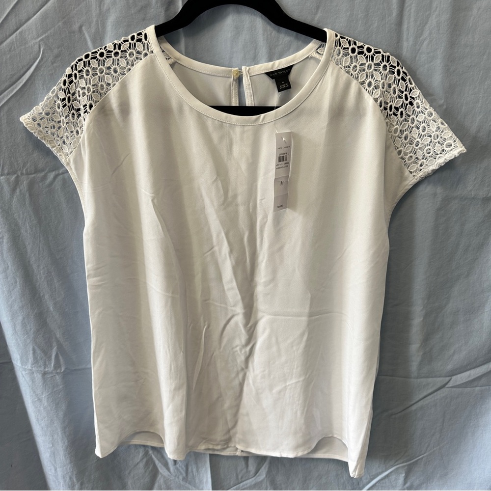 Ann Taylor white blouse with lace shoulders, size M, new with tags, never worn